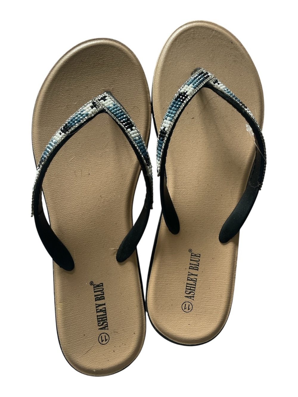 Ashley Blue Beige Sandal Flip-Flops with Blue and Silver Beading